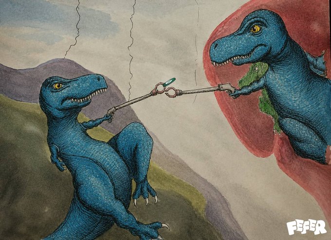 Two blue T-Rex dinosaurs, with the smaller one on the right holding a green $FEFER coin in its mouth, face off in a duel with rapier swords, with the "FEFER" logo in the bottom right corner—visually representing the meme's "v3/v4 coins don't get that" remark by depicting a classic, more powerful older dinosaur (analogous to the proven Uniswap v2 model) dueling with a rival.