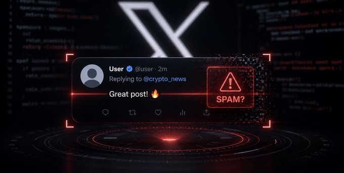 A Twitter/X interface graphic showing a 'Great post!' reply flagged as potential SPAM with a warning icon, set against a dark background with code.