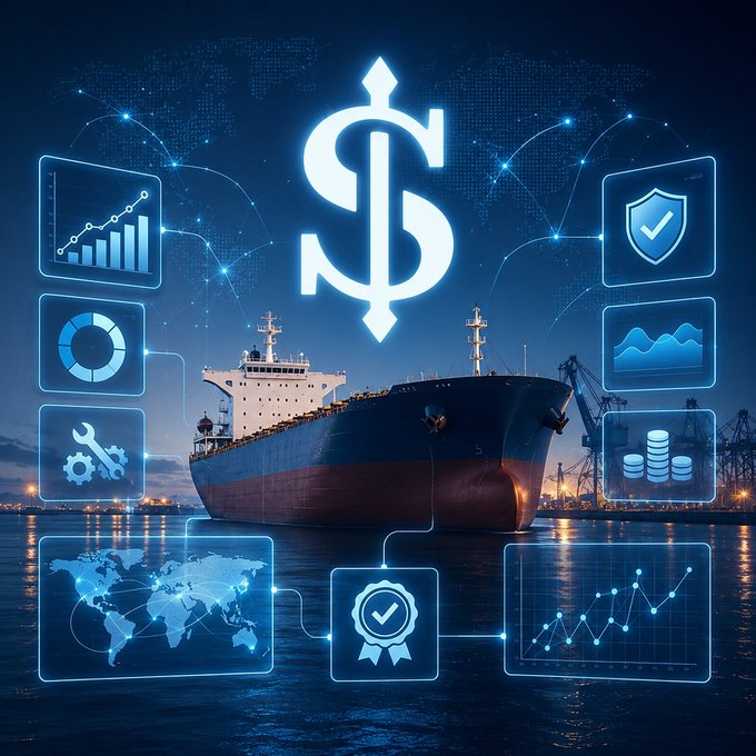 A digital graphic featuring a large cargo ship on water at dusk, overlaid with a glowing dollar sign and various data icons including charts, a world map, shield, gears, and coin stacks, symbolizing global trade and finance.