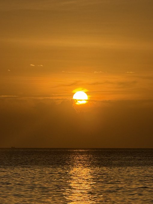 A golden sunset over calm ocean waters, with the sun's reflection shimmering across the gentle waves as it dips below the horizon. The serene scene reflects the post's anticipation of enjoying this peaceful beach setting once $HBAR reaches $1.00.