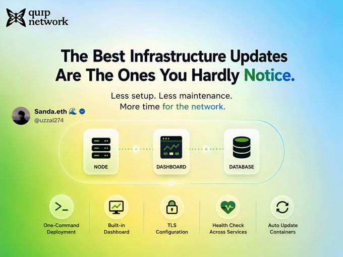 The image features a poster for Quip Network's infrastructure updates. The poster highlights the importance of infrastructure updates, stating that they are "the ones you hardly notice." It also mentions that there are more than 100 servers running at once, which is crucial information for understanding the scale and impact of these updates on the network.