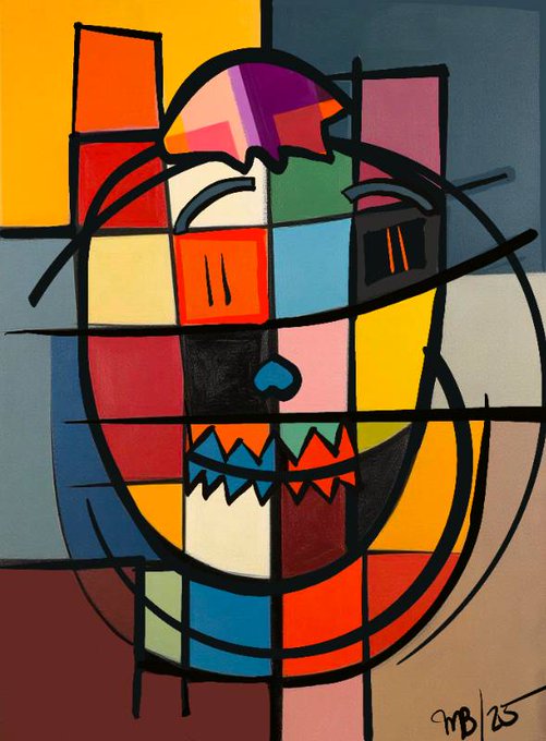 A colorful abstract painting of a face composed of geometric shapes in vibrant hues, signed 'MB'25' in the bottom right corner.