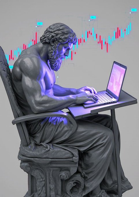 A 3D render of a classical stone statue of a bearded man sitting in a chair and typing on a laptop, with a colorful stock market candlestick chart displayed behind him.
