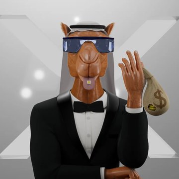 A digital illustration of a camel wearing sunglasses, a black tuxedo with a bow tie, and a VR headset, holding a hand up in a gesture next to a money bag with a dollar sign, with an 'X' logo in the background.