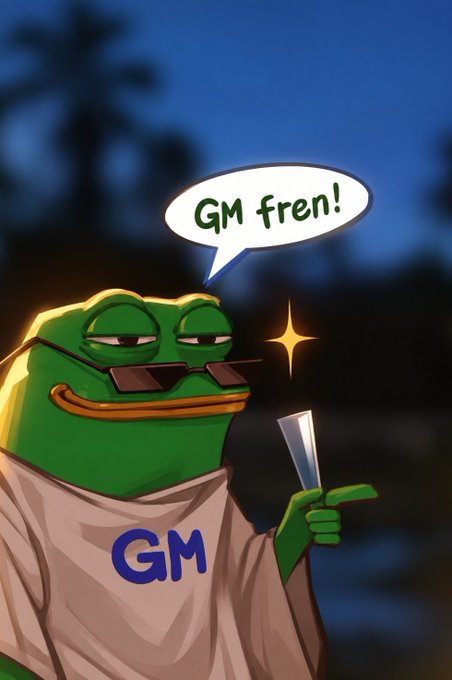 A digital illustration of a green Pepe the Frog character wearing sunglasses and a 'GM' shirt, saying 'GM fren!' in a speech bubble against a dark background.