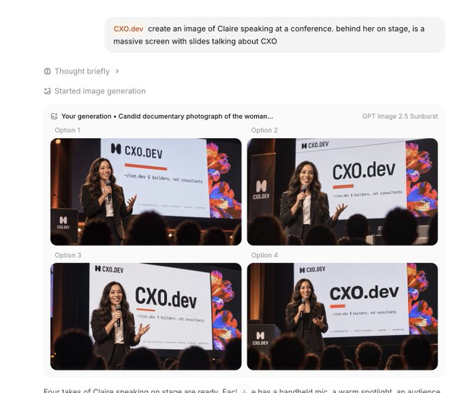 AI image generation interface showing four options of a woman named Claire speaking at a CXO.dev conference with stage slides in the background.