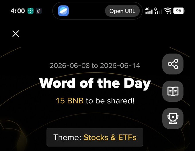 The image shows a word of the day prompt for Binance that reads "Word of the Day" with an explanation about the challenge. The prompt encourages users to share 15 BNB rewards by completing the challenge, which involves sharing information about ETFs on social media using a specific hashtag.
