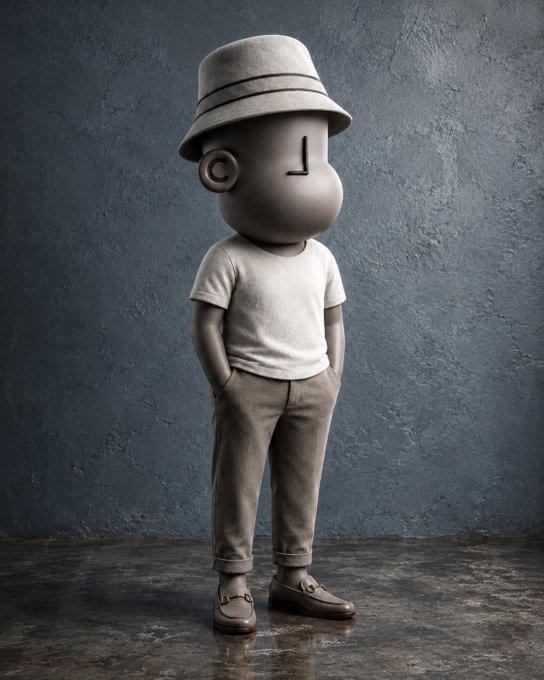 A stylized 3D character with exaggerated cartoonish proportions stands against a textured gray wall, wearing a bucket hat, white t-shirt, cuffed trousers, and loafers with hands casually in pockets. The minimalist, sculptural figure visually represents the "NPC on chain" meme, embodying the detached, automatonic persona of an on-chain non-player character.