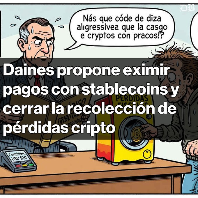 A cartoon meme depicting a sweating man consulting with a disheveled man holding a crypto coin by a washing machine labeled 'PERDIDAS CRIPTO,' with Spanish text overlay reading 'Daines propone eximir pagos con stablecoins y cerrar la recolección de pérdidas cripto.'