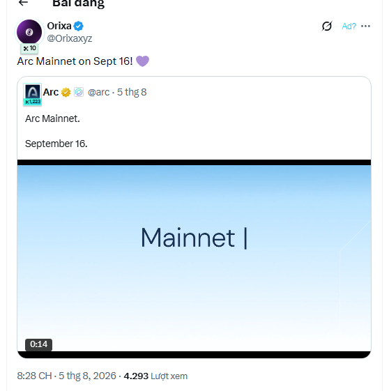 A screenshot of a tweet from Orixa (@Orixaxyz) quoting Arc (@arc) announcing 'Arc Mainnet on Sept 16!' with a video preview showing 'Mainnet |'.