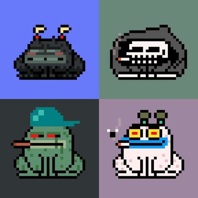 Four pixel art illustrations of frog-like creatures in different styles: a dark one with heart antennae, a skeleton version, a green one with a cap and cigar, and a white one smoking with sunglasses.
