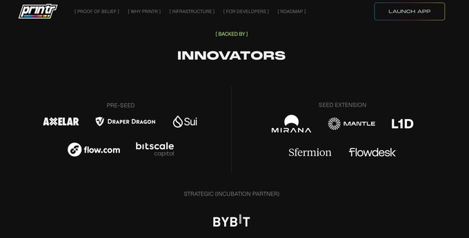 A website section for 'PRYSM' listing their backers/innovators, including pre-seed investors like AXELAR, DRAPER DRAGON, SUI, flow.com, and bitscale, along with seed extension backers like MIRANA, MANTLE, L1D, Sfermion, and flowdesk, with BYBIT as a strategic incubation partner.