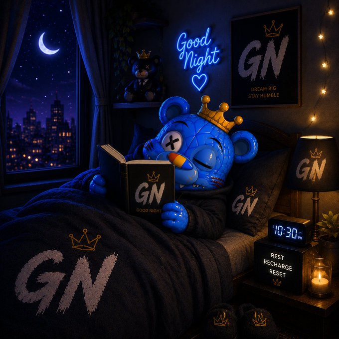 A blue cartoon bear wearing a gold crown reads a 'GN Good Night' book while tucked into bed in a dark, cozy bedroom with a neon 'Good Night' sign, 'GN' posters, and a clock reading 10:30 PM.