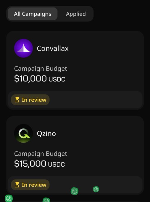 The image shows a screenshot from a mobile device screen that displays various campaign options available for viewing or reviewing. There are two campaigns displayed, and each offers a different reward system based on user input. One of the campaigns has a prize worth $15,000 USDC, while another rewards users with four green stars in the bottom right corner. The main focus of the image is to demonstrate how these campaign options can be used effectively for promoting or reviewing new Wallchain projects and the accompanying review post.