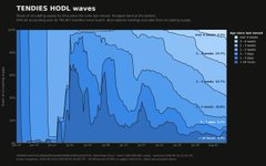 A chart titled "TENDIES HODL waves" displays supply distribution over time, showing various holding periods ranging from 1 day to over 1 year, with 17.6% of supply held for 1+ year and 3.39% for 1 day to 1 week, visually supporting the post's claim about long-term holders and whale accumulation.