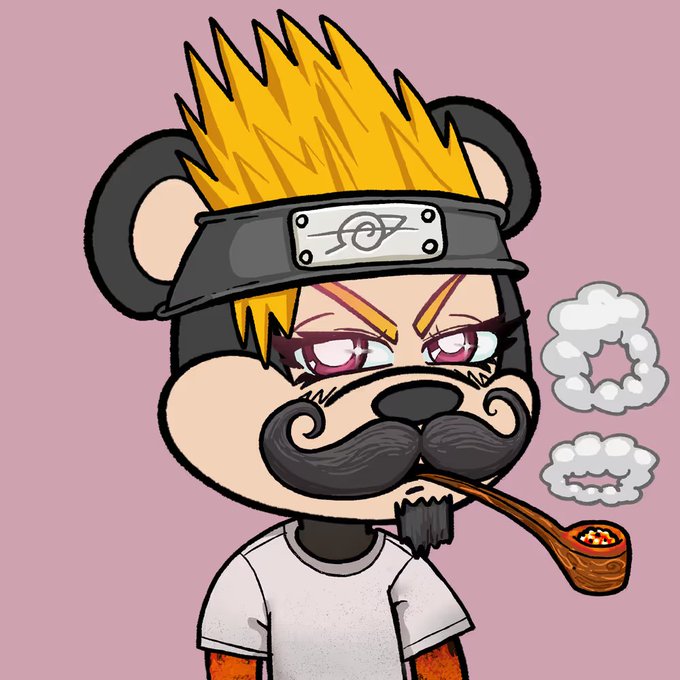 A cartoon illustration of a bear-like character with spiky blonde hair, a large curled mustache, a Ninja headband, and a smoking pipe on a pink background.