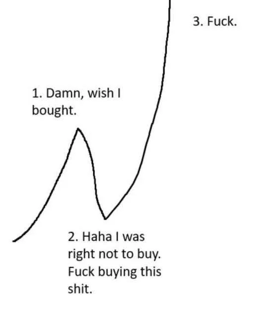 A line graph meme showing a price dip and recovery with three stages: '1. Damn, wish I bought.', '2. Haha I was right not to buy. Fuck buying this shit.', and '3. Fuck.'