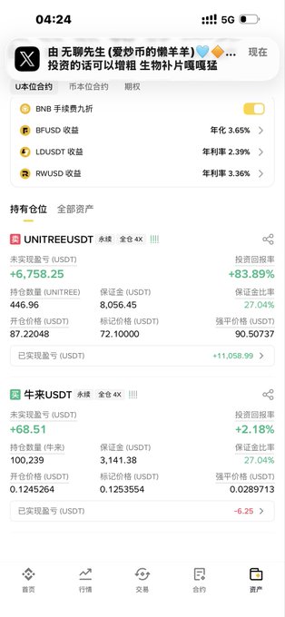 A mobile screenshot shows a trading account display with unrealized profits of +6,758.25 USDT on UNITREEUSDT and +68.51 USDT on 牛来USDT, alongside the Chinese caption "由 无聊先生《爱好市的牧羊羊》🤔 现在投资的话可以蹭帮 朋友们补..." announcing a closed short position with an 180,000 payout, matching the visible +11,058.99 USDT realized profit shown on the Unitree position.