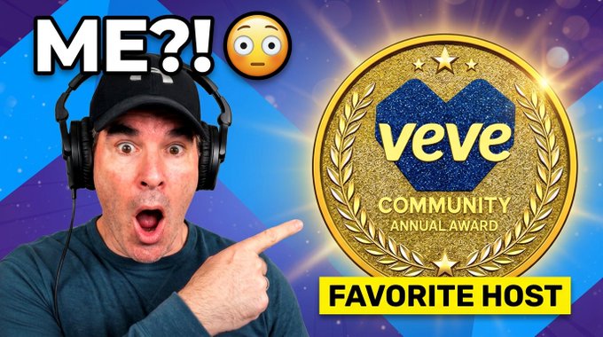 A thumbnail showing a shocked man wearing headphones pointing at a gold 'Veve Community Annual Award' coin labeled 'Favorite Host' with 'ME?!' text above.