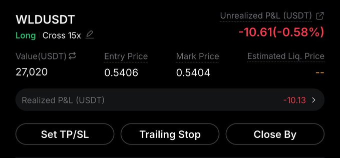 A trading interface showing a long position on WLDUSDT at 15x cross leverage with an unrealized P&L of -10.61 USDT (-0.58%) at an entry price of 0.5406.