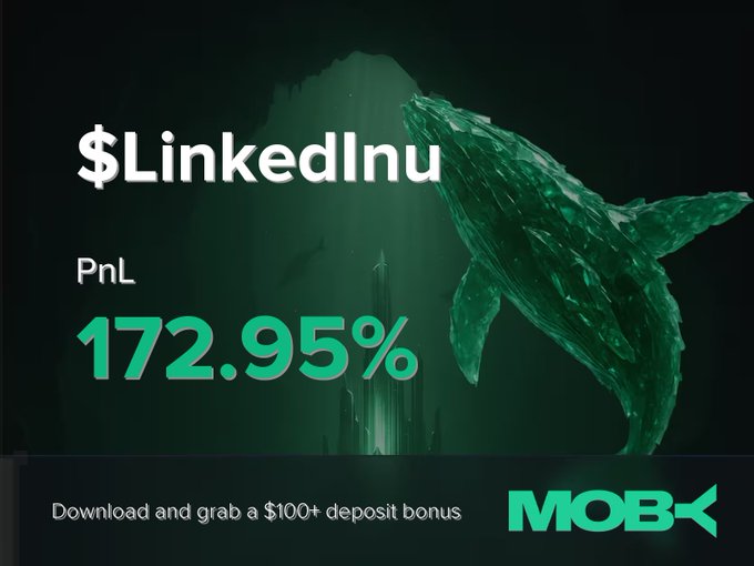 A promotional graphic by Moby displays a glowing green whale alongside the text "$LinkedInu" with a PnL of 172.95%, highlighting a successful trade that aligns with the post's win alert showing the token's impressive growth from $87.39K to $1.57M market cap. The image reinforces the trader's +172.95% return on their closed position, while also promoting a $100+ deposit bonus offer.