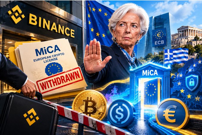 The image is a composite illustration showing a concerned-looking Christine Lagarde (ECB President) holding up a hand in a "stop" gesture, alongside a folder labeled "MiCA EUROPEAN CRYPTO LICENSE" stamped "WITHDRAWN," a briefcase with the Binance logo, a "BINANCE" storefront, the European Central Bank building, a Greek flag, Bitcoin and euro coins, and EU-themed security and regulatory icons.

The image visually reinforces the post's claim about Binance withdrawing its MiCA license application in Greece allegedly due to ECB President Christine Lagarde's opposition, symbolizing the EU's regulatory barrier ("vật cản") against the crypto exchange.