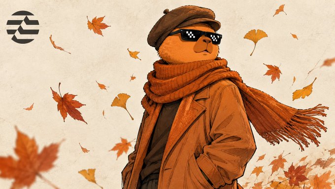 An illustration of a bear character wearing a newsboy cap, pixelated 'deal with it' sunglasses, and a rust-colored coat and scarf, standing amidst falling autumn leaves with a logo in the top left corner.