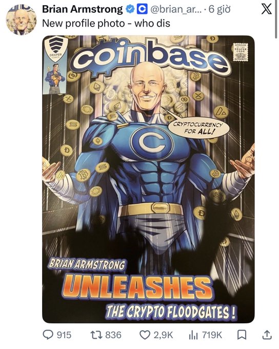 A tweet from Brian Armstrong (@brian_ar...) posted 6 hours ago showing a comic book-style illustration of himself as a superhero in a blue "Coinbase" costume with a speech bubble saying "CRYPTOCURRENCY FOR ALL!" and the caption "Brian Armstrong UNLEASHES THE CRYPTO FLOODGATES!" — directly illustrating his post about his new PFP triggering the $BRIAN meme coin to surge to 35M MCAP amid Base season hype.