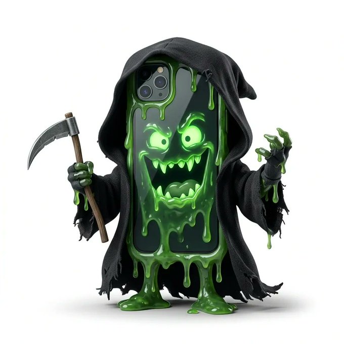 The image features a green, slimy monster with a face that looks like a brain. The monster is holding a sickle or sickle hat over its head, which has been dripping with green liquid. The monster appears to be oozing something green out of its mouth and is wearing a black robe. The background of the image is white, making it stand out against the monster's vibrant colors. There are no other objects in the image besides the monster itself.