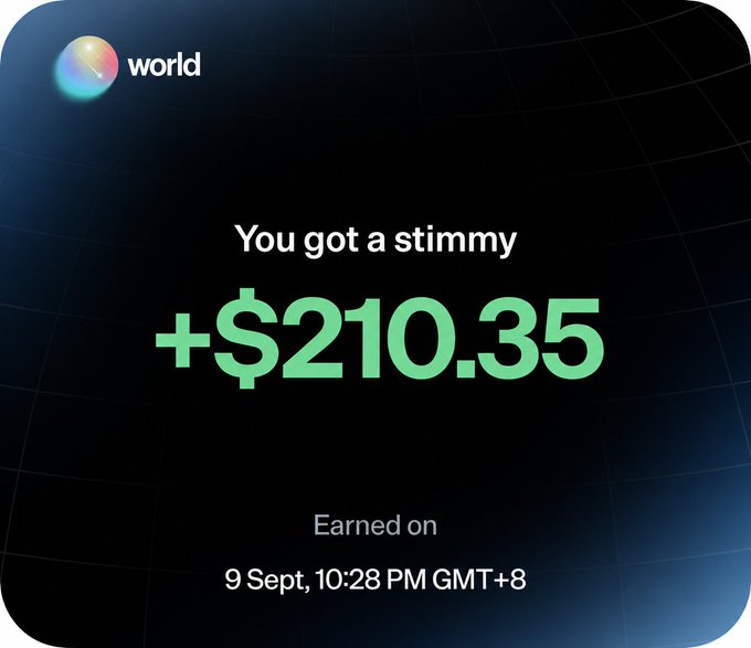 World app notification screen showing 'You got a stimmy +$210.35' earned on 9 Sept, 10:28 PM GMT+8.