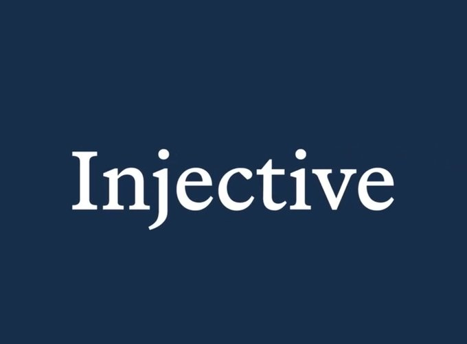 A dark navy blue image featuring the word "Injective" in large white serif font centered on the screen. The image serves as a simple branded graphic for Injective, providing visual identity for the post discussing ecosystem progress and the upcoming Injective Summit.