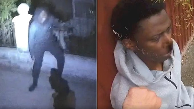 Side-by-side images showing a suspect in dark clothing running from a police sketch silhouette (left) and a young man with braids in a gray hoodie sitting against a wooden fence (right).