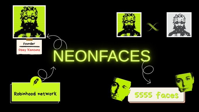A graphic for 'NEONFACES' featuring pixelated faces, highlighting 'Osay Kancuno' as Founder, a 'Robinhood network', and noting '5555 faces'.