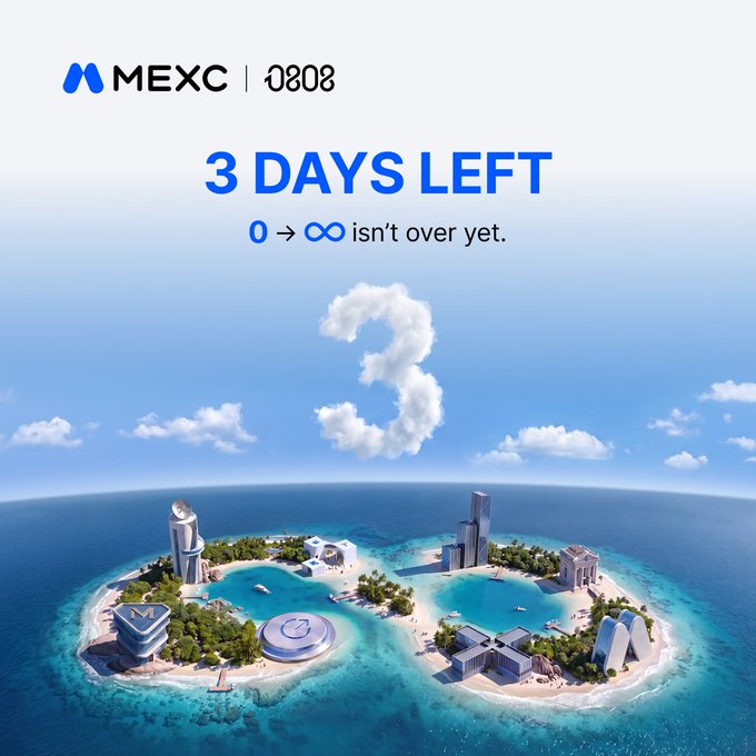 A promotional graphic for MEXC's "0808" campaign displays "3 DAYS LEFT" with the message "0 → ∞ isn't over yet," featuring a cloud-shaped number "3" above an infinity symbol-shaped tropical island with landmarks like an "M" and "X" structure. The image visually reinforces the countdown message in the caption about wrapping up the Stock Season journey before rewards end.
