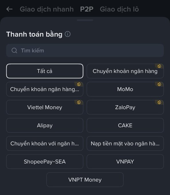 A Vietnamese-language app screen showing payment method options including "Thanh toán bằng" with options like Tất cả, Chuyển khoản ngân hàng, MoMo, Viettel Money, ZaloPay, Alipay, CAKE, ShopeePay-SEA, VNPAY, and VNPT Money.