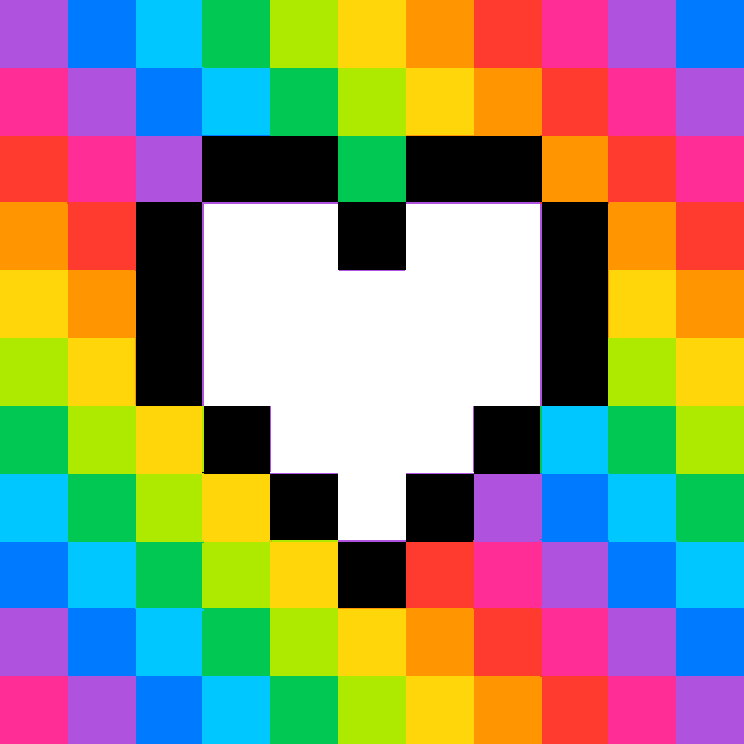 A colorful pixel art design featuring a white skull-like shape made of black squares set against a rainbow gradient background of multicolored squares.