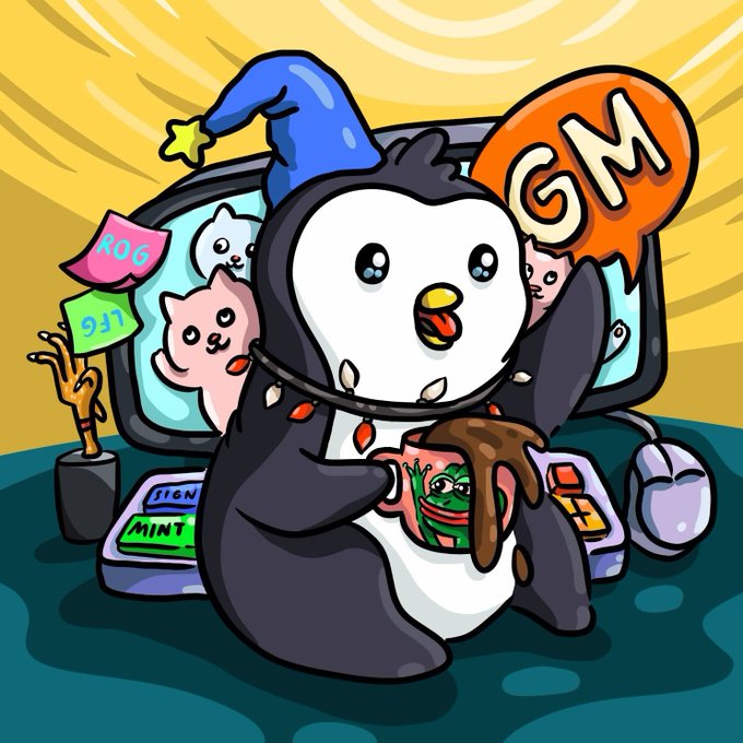 A cartoon penguin wearing a wizard hat holding a mug of hot chocolate, with a 'GM' speech bubble, a '$MINT' tag, and smaller animal characters in the background.