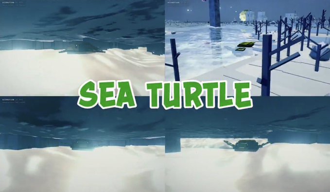 A split-screen gaming clip shows an underwater scene on the left and a snowy landscape with sea turtles on the right, overlaid with the green text "SEA TURTLE."