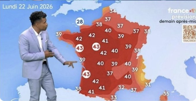 A France 2 weather presenter points to a heat map of France showing extreme temperatures across the country, with values reaching up to 43°C on Monday, June 22, 2026. The image illustrates the severe European heat wave referenced in the post's warning, though it appears to be paired with an unrelated promotion about "private USDT payments on Bitcoin."