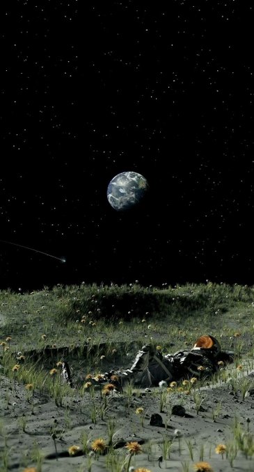 Artistic depiction of Earth rising over the lunar surface, with grass and yellow flowers growing on the moon's foreground and an astronaut lying nearby.