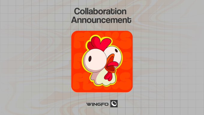 A 'Collaboration Announcement' graphic features a cute chicken character on an orange background with the 'WINGFO' logo below.