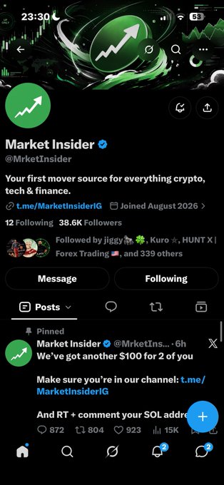 A Twitter/X profile for 'Market Insider' (@MrketInsider) with a crypto-themed green logo, showing a pinned tweet about a $100 giveaway requiring users to share their SOL address.