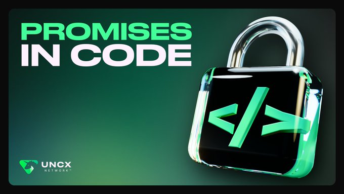 The image features a green lock with a silver key attached to it. The lock has a unique design that resembles a code lock or a promise in code, symbolizing an agreement between two parties. Below the lock, there's text that reads "promises in code" and "UNCX token vesting". This suggests that the lock is related to the concept of token vesting, where tokens are given to individuals based on their performance or achievements within a specific schedule.

The image also includes a logo for the company "UNCX", which indicates that this token vesting system might be associated with an external platform or service provider. The focus of the post is on the token vesting system, and it seems to be promoting the idea of turning schedules into enforceable contracts through tokens.