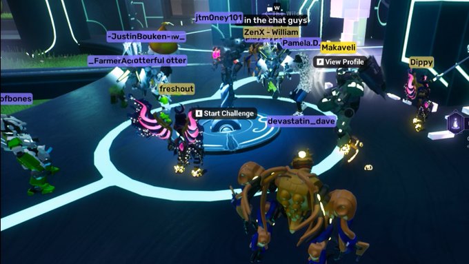 A Roblox game scene with multiple player avatars labeled with usernames like 'Itm0ney101', 'ZenX - William', 'Makaveli', 'farmerAcotterful otter', 'freshout', 'devastatin_dave', and 'Dippy' gathered around a central area.
