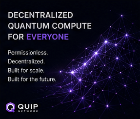 The image features a purple background with white text, which reads "Decentralized Quantum Computer for Everyone". The text also includes three bullet points explaining the concept of a quantum computer.