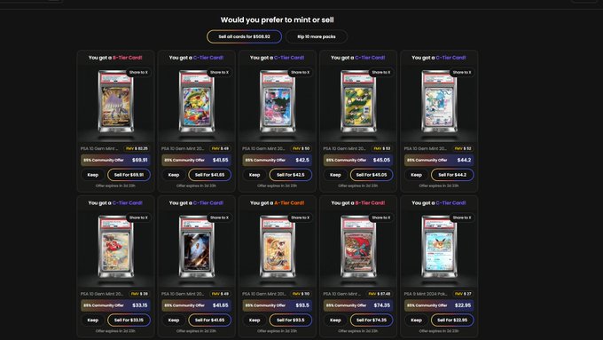 This is a screenshot of an eBay shopping list page for collectible trading cards. The layout features multiple card images, with each card described and priced next to its corresponding image. 

The main focus of this shopping list appears to be SuperMode trading cards, and these are being sold in packs of 10 at various price points. Some cards have been bought already on the website, while others remain unSold. This comprehensive listing allows shoppers to easily browse through different card options and make informed purchase decisions based on their preferences or budget.
