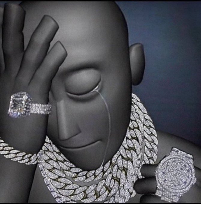 A digital artwork of a dark, stone-like figure crying a diamond tear, wearing elaborate diamond chains, a large diamond ring, and a diamond-encrusted watch.