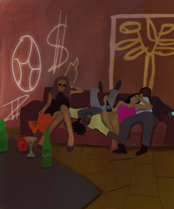 An illustration of four people lounging on a red couch in a graffiti-covered room with neon scribbles, scattered beer bottles, and a teddy bear.