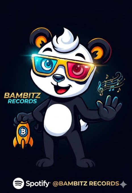 A promotional graphic for Bambitz Records featuring a cartoon panda wearing 3D glasses and holding a rocket, with Spotify branding and the handle @BAMBITZ RECORDS.