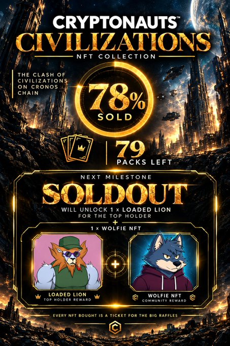 A digital promotional poster for 'CRYPTONAUTS CIVILIZATIONS NFT COLLECTION' on the Cronos Chain, showing '78% SOLD' and '79 PACKS LEFT', with a 'NEXT MILESTONE SOLDOUT' featuring a 'LOADED LION' and 'WOLFIE NFT'.